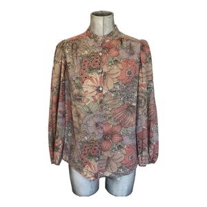 VTG Floral High-Neck Long Sleeve Blouse in Muted Coral and Dusty Rose
